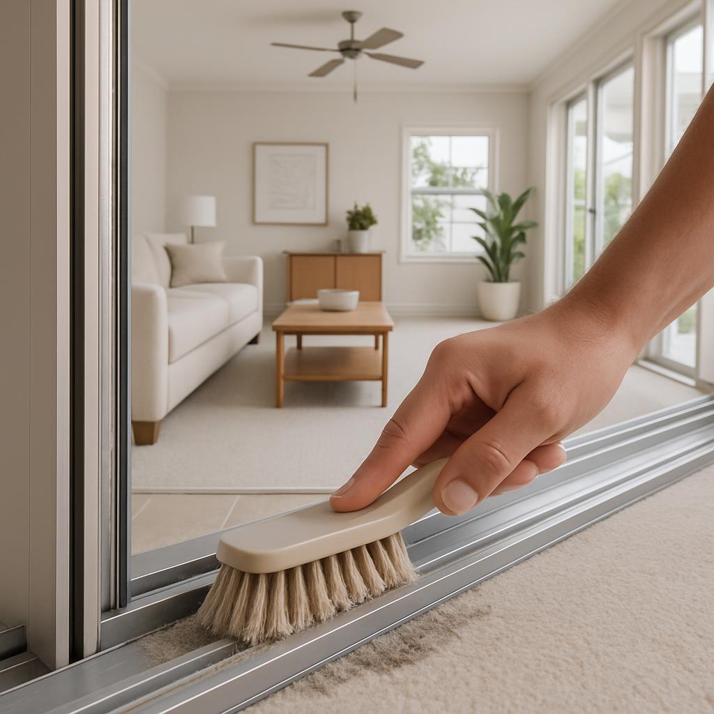 English A person's hand holding a brush, touching a carpeted floor with other areas of the room reflected in the mirror it...