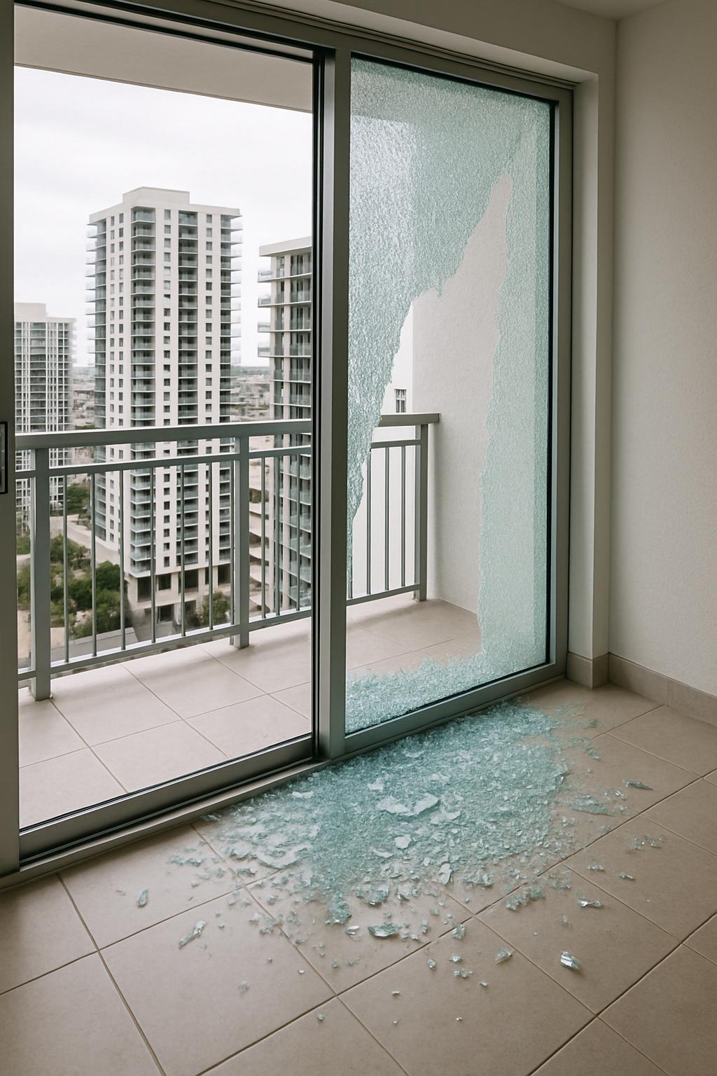 Shattered glass door in the corner of unfurnished room overlooking city, with city buildings and the balcony in the backgr...